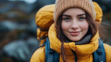 Smiling hiker wearing yellow jacket and brown beanie during outdoor adventure in mountainous terrain. photo