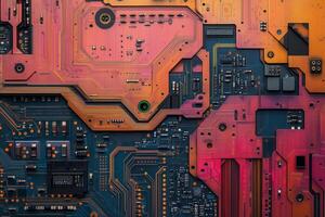 Colorful electronic circuit board showcasing intricate design and technology. photo