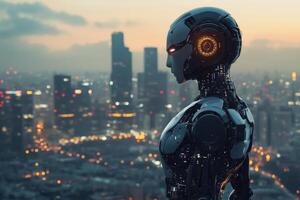 Futuristic robot overlooking a city skyline at dusk. photo