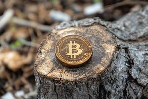Bitcoin coin resting on a wooden stump in a natural outdoor setting. photo