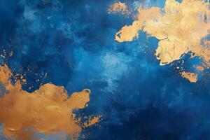 Vibrant blue abstract artwork with golden accents evoking a sense of tranquility and elegance. photo