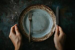 Hands holding a fork and knife next to an empty plate in a dimly lit setting. photo