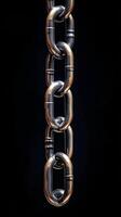 Close-up view of a metal chain hanging against a black background with unique shadow effects. photo
