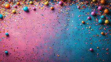 Colorful confetti and ornaments spread across a vibrant surface for a festive celebration event. photo