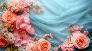 Beautiful arrangement of pink flowers on soft blue fabric background. photo