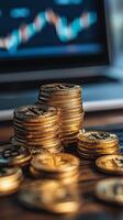 Gold coins stacked on a wooden table in front of a laptop screen displaying financial data. photo