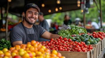 Smiling vendor at a vibrant farmers market showcasing fresh produce during a sunny day. photo
