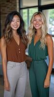 Friends posing together with smiles in a modern indoor setting during daytime. photo