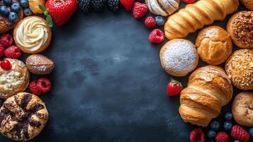 Fresh pastries and fruits arranged on a dark surface for a delightful dessert display. photo