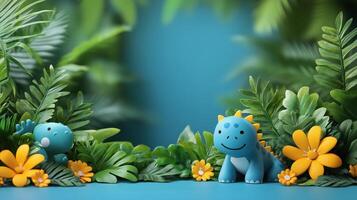 Colorful dinosaur toys among vibrant flowers in a lush green setting. photo