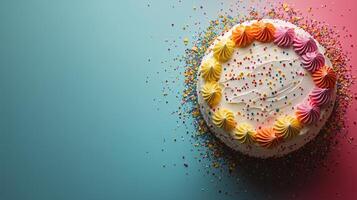 Colorful birthday cake decorated with frosting and sprinkles on a vibrant background. photo