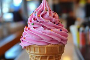 Colorful pink soft serve ice cream in a waffle cone topped with sprinkles. photo