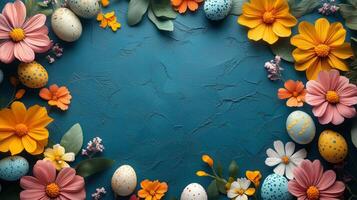Colorful floral arrangement with Easter eggs on a blue background. photo