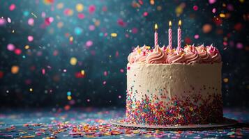 Celebratory cake with candles and confetti at a festive birthday party. photo