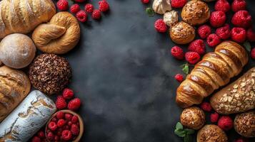 Bakery display of assorted breads and fresh raspberries on a dark surface. photo