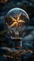 Creative light bulb design with glowing wind turbine inside against a natural background. photo