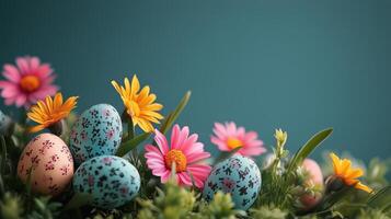 Colorful Easter eggs arranged among vibrant spring flowers on a soft background. photo