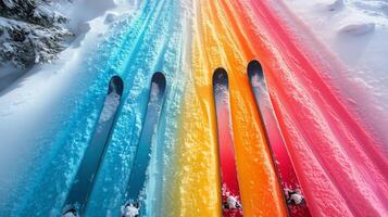 Colorful ski trails in winter showcasing vibrant patterns and snow-covered landscape. photo