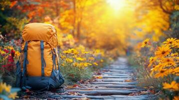 Colorful autumn hike with a yellow backpack along a wooden path through blooming flowers. photo