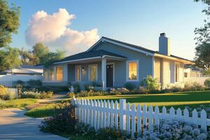 Serene residential home with garden and pathway on a sunny afternoon in a suburban neighborhood. photo