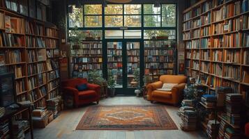 Cozy reading nook with bookshelves and comfortable seating in a quiet library. photo