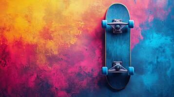 Vibrant skateboard on colorful mural background in urban setting showcasing contemporary street culture. photo