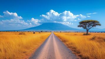 Majestic view of a mountain with golden grasslands under a vibrant blue sky. photo