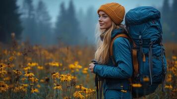Adventurer with backpack explores wildflower field during misty morning. photo