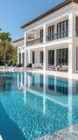 Elegant modern villa with a shimmering pool under clear blue sky. photo