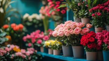 Colorful flower display in a vibrant market setting during the day. photo