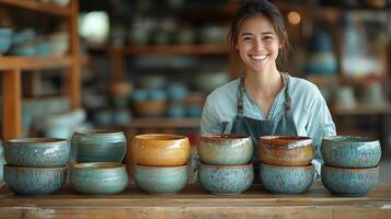 Craftsman displays hand-painted pottery in a workshop filled with colorful ceramic bowls. photo