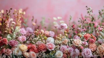 Colorful floral arrangement featuring various flowers against a soft pink background. photo