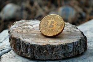 Bitcoin coin resting on a wooden stump with natural background. photo