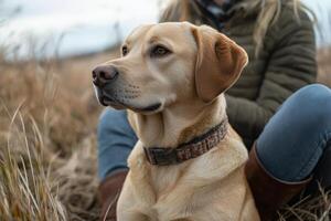 Labrador retriever sits calmly beside a person in a grassy field during a cloudy day. photo