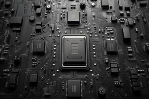 Close-up view of a complex circuit board with multiple chips and connections in a technology environment. photo