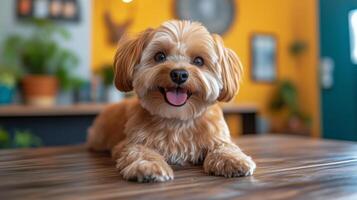 Happy small dog with fluffy coat lounging on wooden table in cozy indoor setting. photo