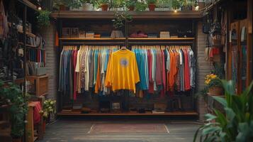 Colorful clothing display in a cozy boutique with vibrant garments hanging neatly. photo