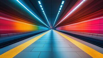 Vibrant tunnel with colorful lights and yellow line serving as a platform indicator. photo