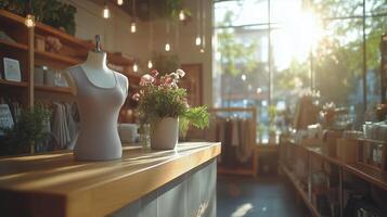 Beautiful boutique with sunlight streaming through windows and stylish display of garments and flowers. photo