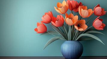 Colorful paper flowers in a blue vase against a teal background showcasing artistic craftsmanship. photo