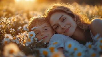 Smiling mother and son enjoy a sunny afternoon in a flower field during springtime. photo