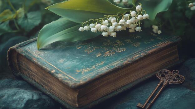antiguo libro descansando en piedras con flores y llave en el lado en un sereno naturaleza ajuste. foto