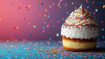 Colorful cupcake with frosting and sprinkles set against a vibrant background. photo