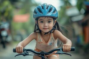Young girl riding a bicycle in a vibrant neighborhood during the day. photo