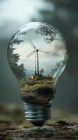 Creative artwork of a light bulb containing a wind turbine landscape in a serene forest setting. photo