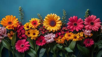 brillante y vistoso flor arreglo en vibrante azul antecedentes con variado floraciones y verdor. foto