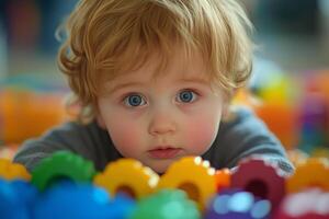 Child playing with colorful toys on a bright floor in a cheerful indoor environment. photo