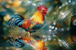 Colorful rooster standing in water surrounded by lush greenery during golden hour. photo