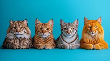 Group of four cats displaying unique fur patterns against a bright blue background. photo