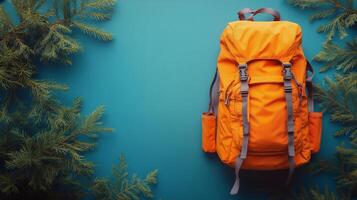 Vibrant orange backpack resting on teal background surrounded by evergreen branches. photo